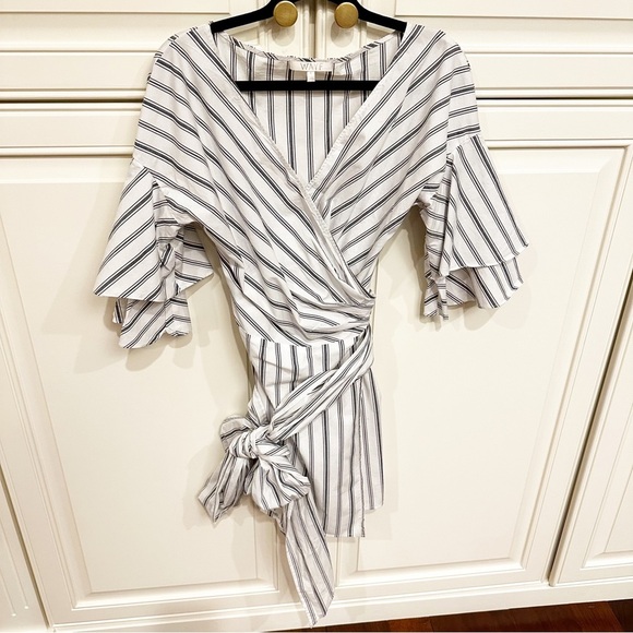 WAYF Women’s Beckett Blue Striped Ruffle Wrap Dress Large Bow Cotton Stretch S - Picture 5 of 13